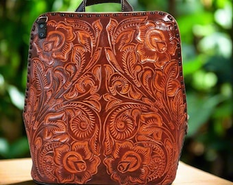 Hand tooled Leather Convertible Bag Backpack Purse: Rustic Tooled Bag