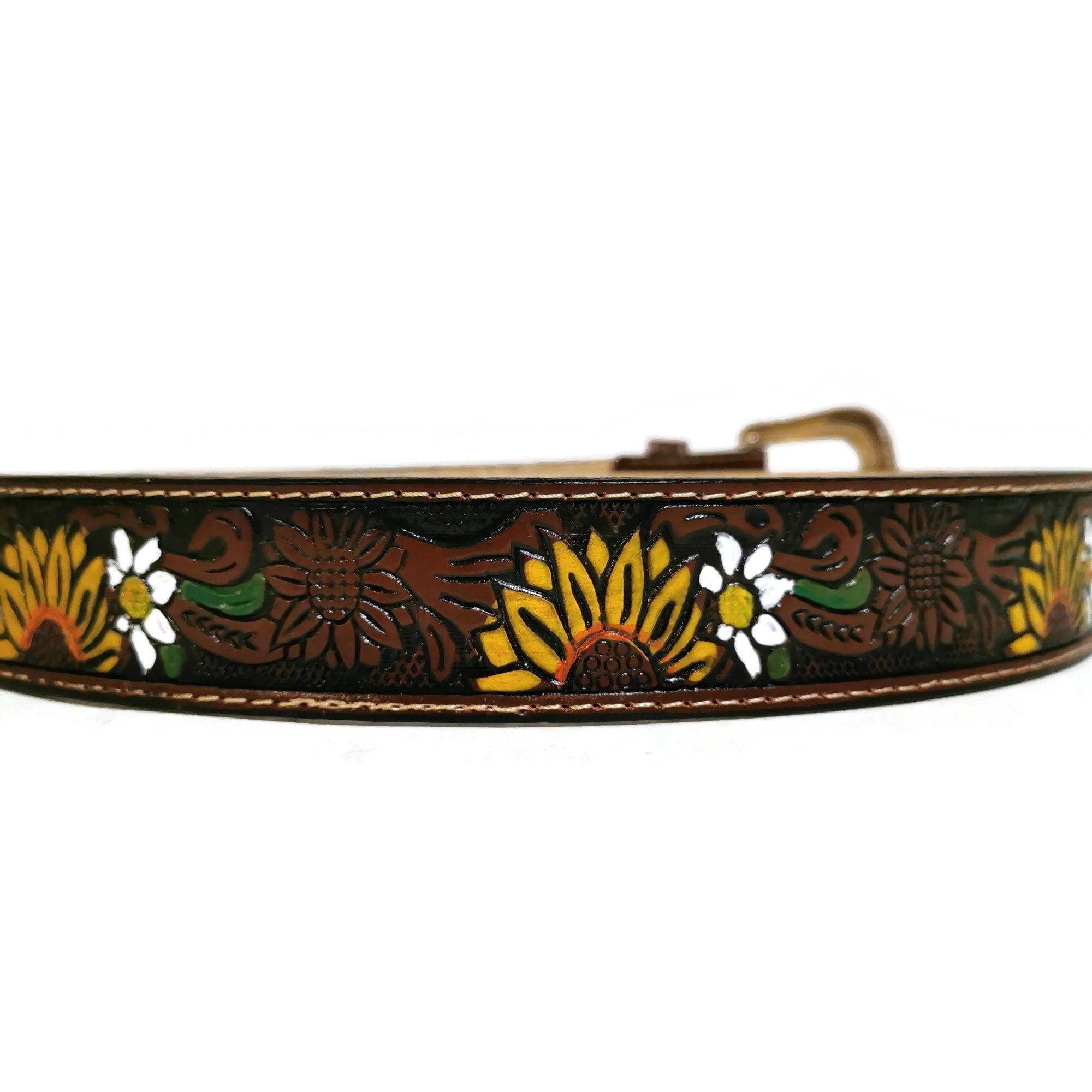 Boho Sunflower Embossed Leather Belt: Removable Buckle 