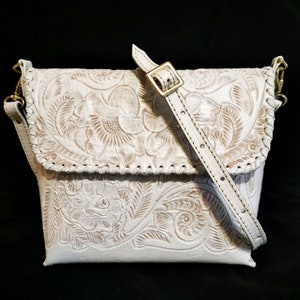 Handmade  White Leather Shoulder Bag – Genuine Western Purse for Women with Tooled Detail, Rodeo Gift for Girls