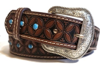 LEATHER BELT for WOMEN, Handmade, Western, With Removable Buckle, Brown , Embossed, Gift for Her