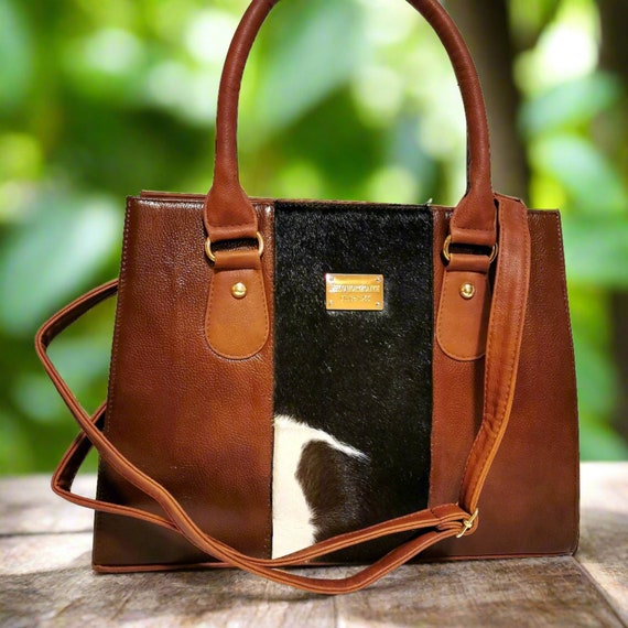Handmade Hair-On Cowhide Leather Bag: Brown Purse, Adjustable Strap