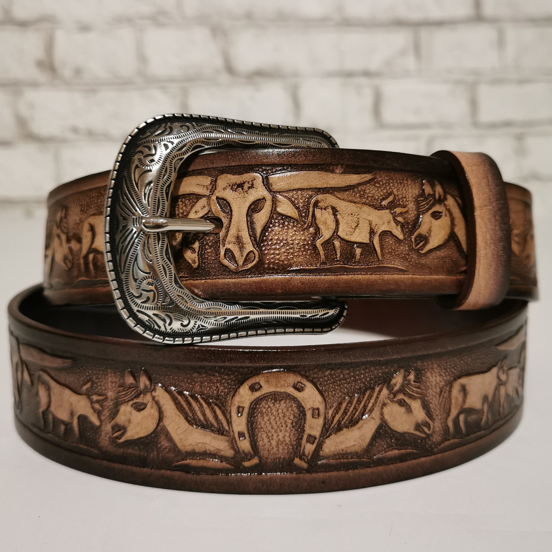 Ceinture Wangler En Cuir Marron Avec Boucle Ovale Concho - Taille S, Occasion Très Bon état