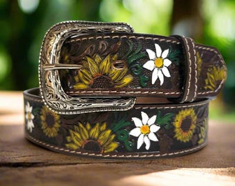 Catchfly Studio Womens Leather Belt Sunflower Buckle  display picture 2