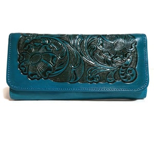 leather wallet for women, for cards, boho bohemian, large, embossed  floral belt,  handmade with genuine leather