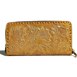 Portefeuille en cuir repoussé à la main pour femme, doré, bohème, bohème, grand portefeuille avec fermeture éclair pour cartes, rodéo rétro vintage, cadeau rodéo mama