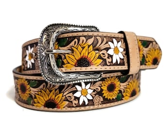 LEATHER BELT for WOMEN, Handmade, Western, Boho , With Removable Buckle, Brown , Belt with Sunflower, Embossed, Bohemian, Gift for Her