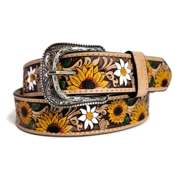 LEATHER BELT for WOMEN, Handmade, Western, Boho , With Removable Buckle, Brown , Belt with Sunflower, Embossed, Bohemian, Gift for Her