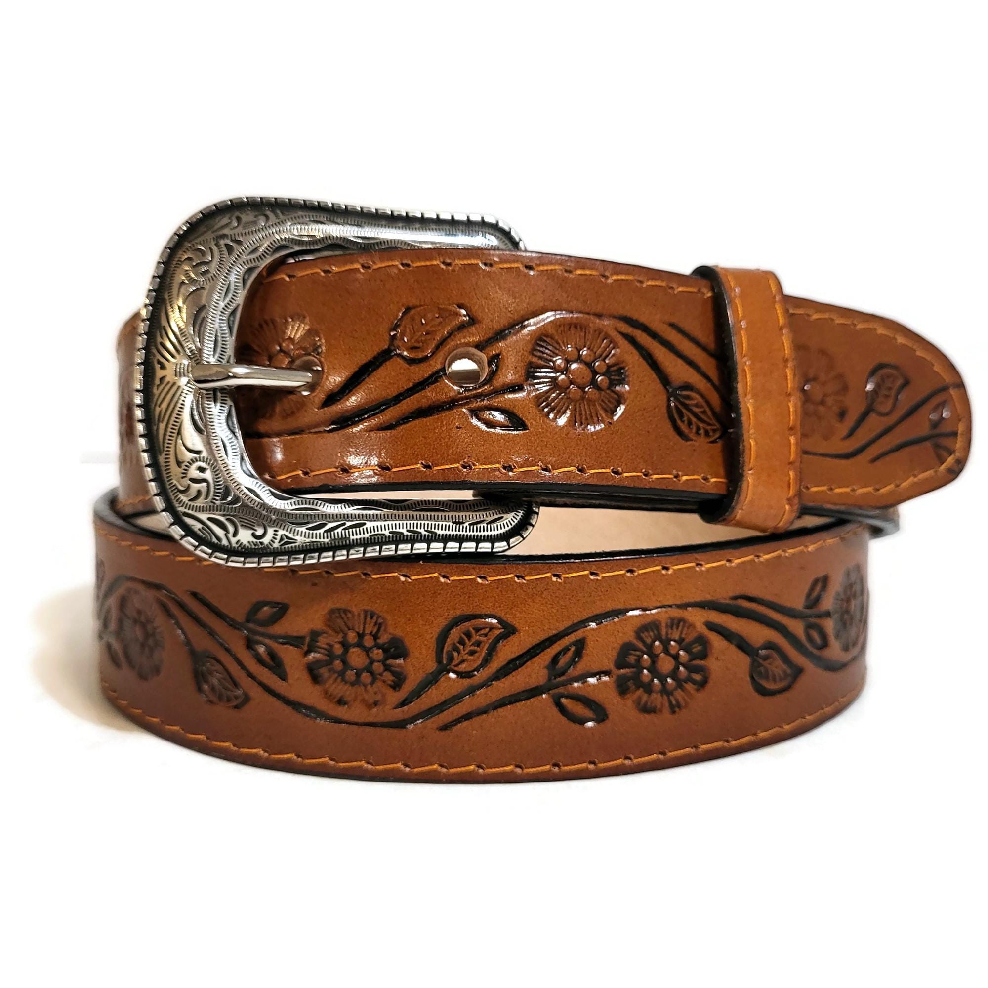 Handmade Embossed Leather Belt: Floral Western Cowhide  display picture 3