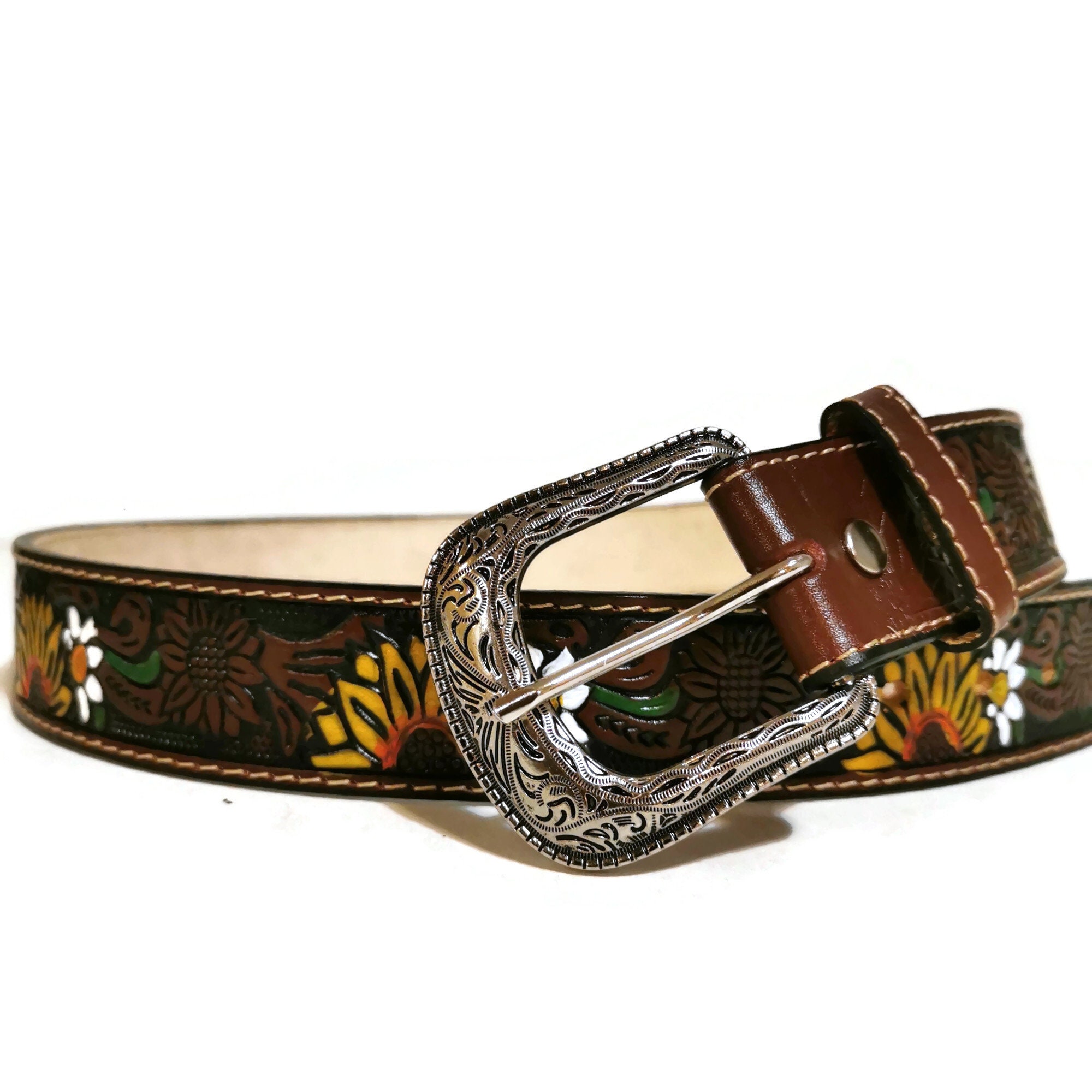 Boho Sunflower Embossed Leather Belt: Removable Buckle 