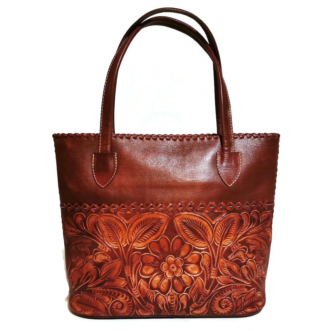 Leather Tote Bag With Zipper, Hand Tooled Leather Bag for Women - Etsy