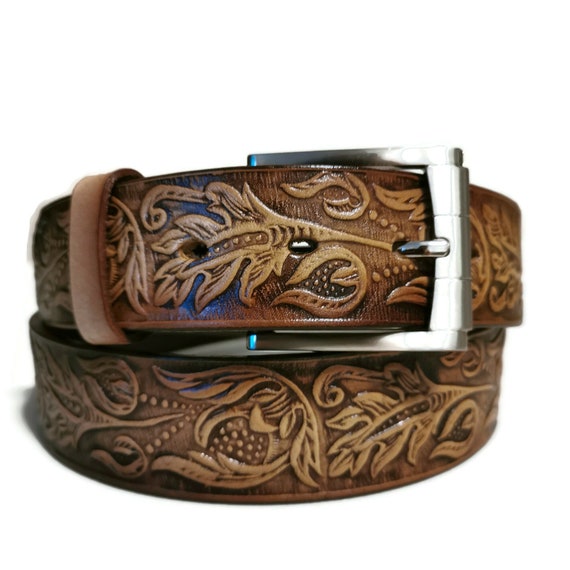 Handmade Embossed Brown Leather Belt With Removable Buckle 