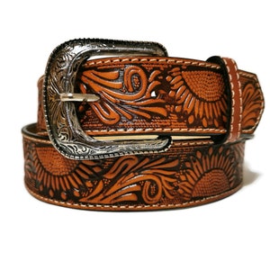 Womens western belt, brown belt, sunflower belt, handmade belt