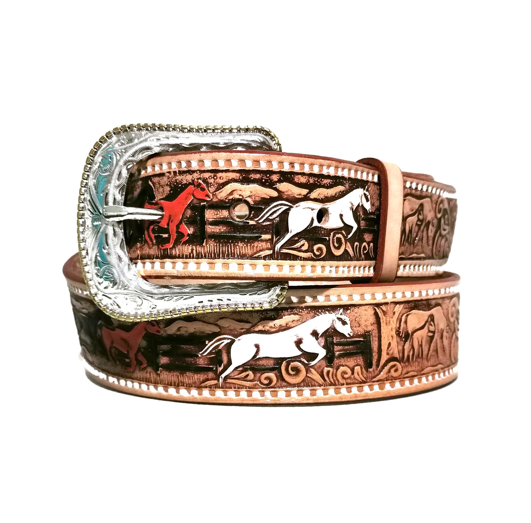 Embossed Western Cowboy Belt with Removable Buckle for Jeans UpFind Western Leather Belt Cowboy Belt with Turquoise  main image 3