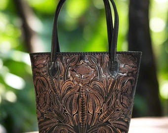 Hand Tooled Leather Tote Bag: Western Bohemian Bucket Bag