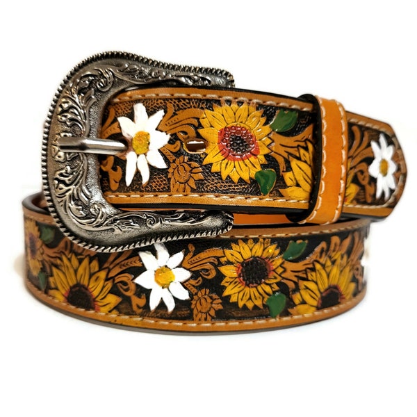 LEATHER BELT for WOMEN, Handmade, Western, Boho , With Removable Buckle, Brown , Belt with Sunflower, Embossed, Bohemian, Gift for Her