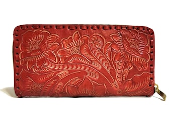 Large leather Wallet for women for cards with zipper, Hand Tooled Leather,