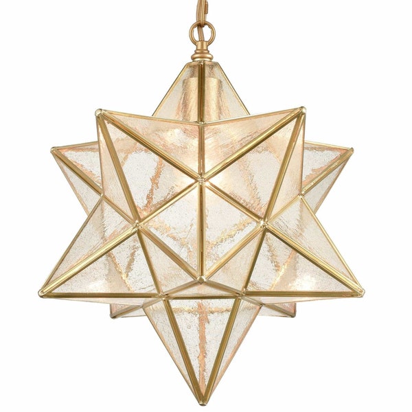 Aube Brass Moravian Star Pendant Lights Seeded Glass Shade, 15-Inch