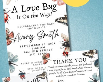Sweet Love Bug Baby Shower Set: Invitation, Diaper Raffle & Thank You - Instant Download