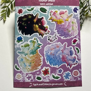 Wolf sticker sheet | Laminated kiss cut vinyl stickers | cute | bloom wolves| flowers