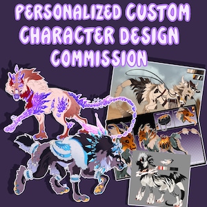 May include: Three colorful digital illustrations of fantasy animal characters. The first character is a pink and purple wolf with a crystal tail. The second character is a gray and blue wolf with a crystal crown. The third character is a white wolf with black markings and a dragon tail. The text "PERSONALIZED CUSTOM CHARACTER DESIGN COMMISSION" is at the top of the image.
