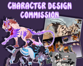 Op de afbeelding: Drie kleurrijke digitale illustraties van fantasiebeesten. Het eerste personage is een roze en paarse wolf met een kristallen staart. Het tweede personage is een grijze en blauwe wolf met een kristallen kroon. Het derde personage is een witte wolf met zwarte markeringen en een drakenstaart. De tekst "PERSONALIZED CUSTOM CHARACTER DESIGN COMMISSION" staat bovenaan de afbeelding.