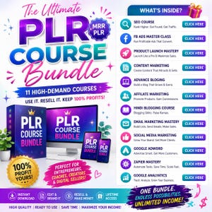 May include: A digital marketing bundle with the text "The Ultimate PLR Course Bundle" in purple and teal. The image includes a desktop computer, tablet, and phone, all displaying the bundle's logo. The text highlights 11 high-demand courses.