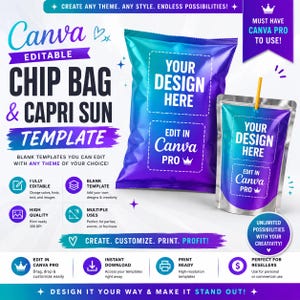May include: A graphic featuring a chip bag and Capri Sun template design. The templates are editable in Canva Pro. The design includes the text "Your Design Here" and prompts to create, customize, print, and profit. The image also highlights features like high quality and multiple uses.