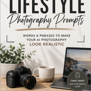 May include: A digital guide titled LIFESTYLE Photography Prompts with the subtitle WORDS & PHRASES TO MAKE YOUR AI PHOTOGRAPHY LOOK REALISTIC. The cover features a camera, a mug, a laptop, and a CHEAT SHEET QUICK REFERENCE GUIDE badge.