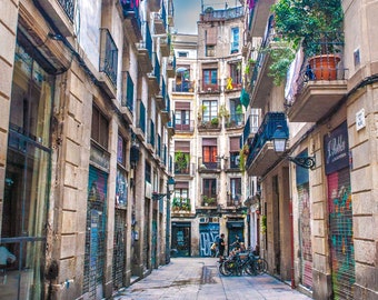 BARCELONA SPAIN ALLEY Colored Buildings Gothic District Photo Print Home Decor Wall Hanging Urban Home Furnishing Living Room Decorations