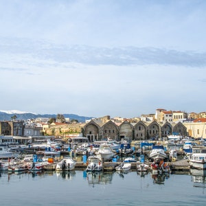 VENETIAN HARBOR GREECE City Sunset Photo Print Wall Decor Home Furnishing Wall Art Greek Artwork Crete Greece Harbour Snow Capped Mountains