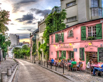 MONTMARTE PARIS FRANCE Cafe Pink Building Paris France Hdr Photo Print Wall Decor Home Furnishing Wall Art French Artwork Montmarte Painting