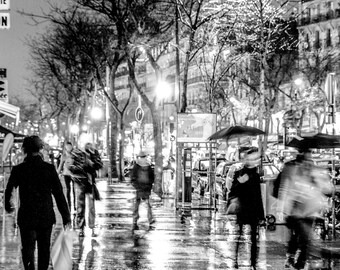 PARIS FRANCE NIGHT Rain Rainy Reflection City Paris France Photo Print Wall Decor Home Furnishing Wall Art French Artwork Black and White