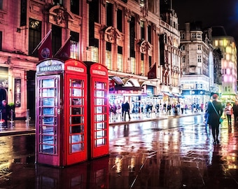 LONDON TELEPHONE BOOTH Art Rainy Street Colorful Photo Print Home Decor Wall Hanging Beautiful Home Furnishing