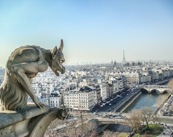 NOTRE DAME PARIS Gargoyle City Outlook Eiffel Tower Paris France Photo Print Wall Decor Home Furnishing Wall Art French Artwork Painting