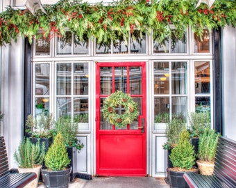 NYC CHRISTMAS PRINT New York City Christmas Winter Home Decor Photo Print Nyc Photography Winter Scene Christmas Red Door Evergreen Cafe