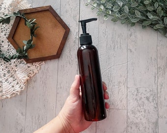 8 oz Amber Plastic Pump Bottle: Lotion, Body Oil Dispenser