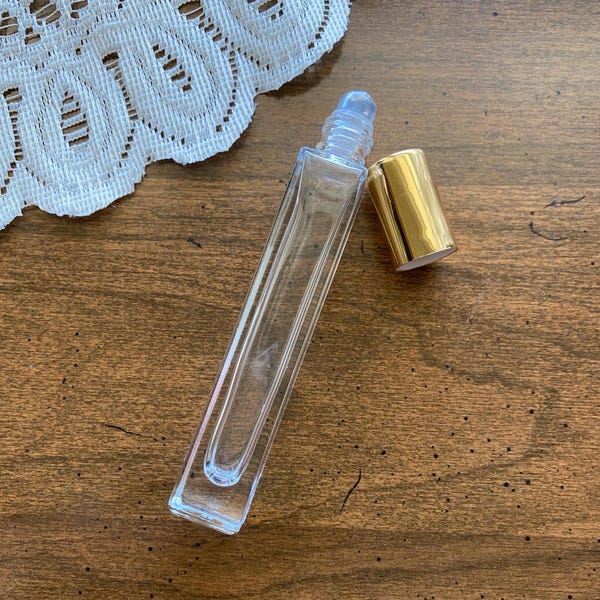 10 ml Glass Roller Bottle: Square, Stainless Steel Roller, Gold Color Cap
