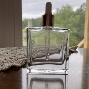 3.4 oz Square Flint Glass Dropper Bottle: Gold Color Band, Serum, Oils