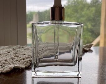 3.4 oz Square Flint Glass Dropper Bottle: Gold Color Band, Serum, Oils