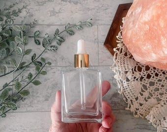 2 oz Square Glass Dropper Bottle: Gold Color Band, White Bulb