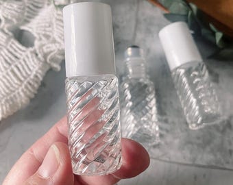 Swirl Glass Roller Bottles Set: 5ml Essential Oil, White Cap