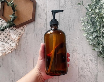 16 oz Amber Glass Bottle with Black Pump: Soap Dispenser