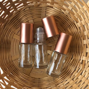 Essential Oil Roller Bottles: Rose Gold Color Caps, Refillable Glass (Set of 3)