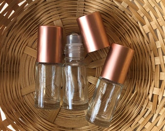 Essential Oil Roller Bottles: Rose Gold Color Caps, Refillable Glass (Set of 3)