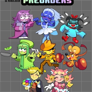 Op de afbeelding: Een digitale illustratie met acht stripfiguren uit Deltarune. De tekst bovenaan luidt DELTARUNE CHARM PREORDERS en NEBULEEER. De personages zijn afgebeeld in verschillende poses, dragen kleurrijke outfits en houden voorwerpen vast zoals een pan, een pistool en bloemen.