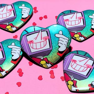 Puede incluir: Varios pines en forma de corazón con un personaje de dibujos animados con cabeza de televisión morada, una amplia sonrisa y una mano haciendo un gesto de corazón con los dedos. Fondo degradado de color verde azulado y verde brillante.