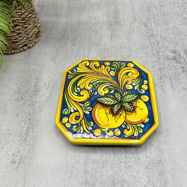 Caltagirone Ceramic Trivet with Lemons; 4.75 x 4.75 inches, Square Trivet, Hand Painted; Italian Old World Kitchen Decor; Yellow Blue Decor