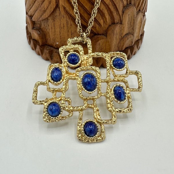 1970's Sarah Coventry Necklace; Brutalist, Gold Tone, Faux Lapis Lazuli Stones; Mid Century Modern Jewellery, Vintage Gold & Blue Necklace