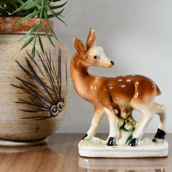 Vintage 4.6" Deer Figurine; Hand Painted Porcelain Fawn Deer; Bottom Marked Japan; Woodland Deer Figurine; Vintage Bambi Figurine
