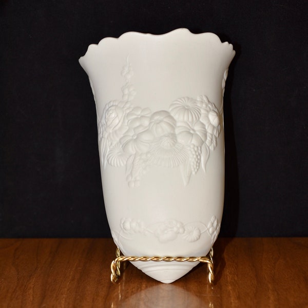 Kaiser Wall Vase All White; West Germany; Signed "M Frey"; White Bisque Porcelain; Flower & Grapes Garland Relief; White Wall Pocket Vase